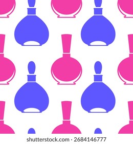 Nahtloses Muster mit rosa und violetten Parfümflaschen. Vektorgrafik für Stoff, Tapete, Bezug, Verpackungsdesign