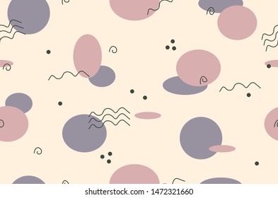 Seamless pattern with pink and purple shapes with creative lines and dots on yellow background.