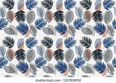Seamless pattern with pink and purple tropical palm leaves isolated on grey white background can be used for linen, tile, wallpaper, design fabric and more ideas