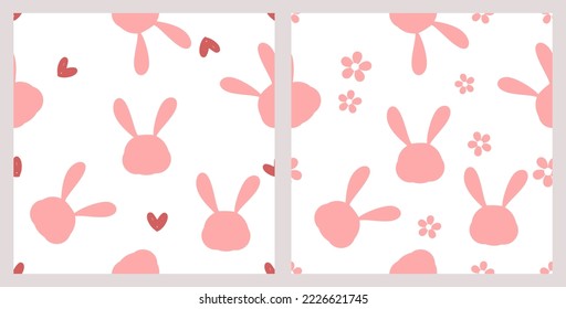 Seamless pattern with pink rabbit cartoons, hand drawn hearts and daisy flower on white backgrounds vector illustration.