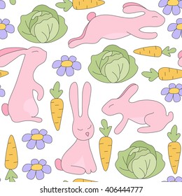 Seamless pattern pink rabbit jumps, sits, lies and flowers, green cabbage, orange carrots with green twigs. Vector Illustration. Kids background.