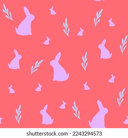 seamless pattern with pink rabbit silhouette and leaves on coral background,tender spring print for wallpaper,cover design,packaging,holiday decor, kids fashion,baby illustration, 2023 symbol. 