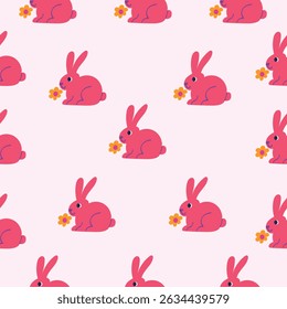 Seamless pattern with pink rabbits holding yellow flowers on a light background. Soft and cheerful illustration in playful flat cartoon style.