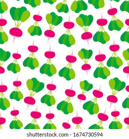 Seamless pattern with pink radish with green leaves, isolated on white background trend of the season. Can be used for Gift wrap fabrics, wallpapers, food packaging. Vector