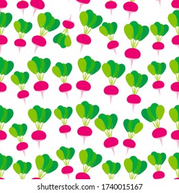 Seamless pattern with pink radish with green leaves, isolated on white background trend of the season. Can be used for Gift wrap fabrics, wallpapers, food packaging. Vector