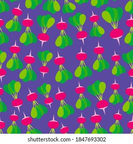 Seamless pattern with pink radish with green leaves, on violet background trend of the season. Can be used for Gift wrap fabrics, wallpapers, food packaging. Vector