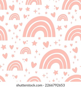 Seamless pattern with pink rainbows and hearts