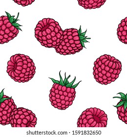 seamless pattern pink raspberries with black contour on white background, symbol of summer. design holiday greeting card and invitation of seasonal summer holidays, beach parties, tourism and travel