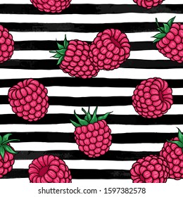 seamless pattern pink raspberries with black contour on black and white watercolor stripes. design holiday greeting card and invitation of seasonal summer holidays, beach parties, tourism and travel