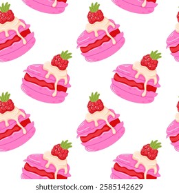 Seamless pattern of pink raspberry macaron with cream and dripping glaze in cartoon style. Sweet dessert design for bakery packaging, fabric, wallpapers, and greeting cards on white background.