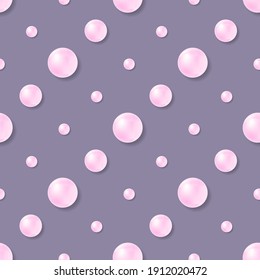 Seamless pattern with pink realistic pearl beads on dark purple or violet background. 3D shiny vector balls. Illustration for jewelry, wedding, beauty design, fabric, gift wrapping, wallpaper print.