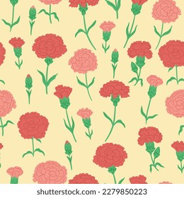 Seamless pattern with pink and red carnation flowers. Vector graphics.