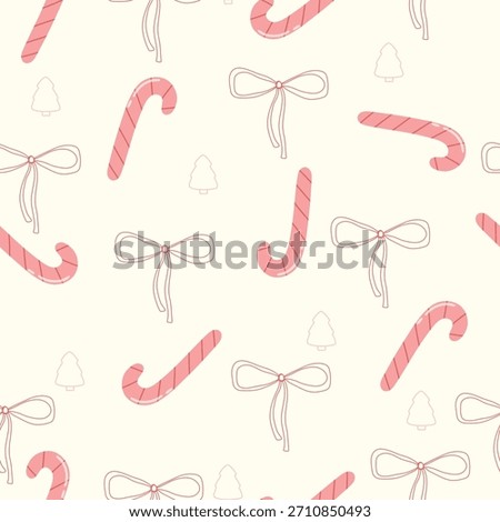 Seamless pattern with pink and red Christmas candy, bows, and line xmas tree on white background. Christmas illustration for wrapping paper, fabric, card.