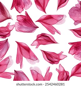Seamless  pattern of pink and red flower petals on a white background. Perfect for fabric, wallpaper, and gift wrap designs, adding a touch of nature's elegance and beauty.