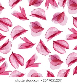 Seamless  pattern of pink and red flower petals on a white background. Perfect for fabric, wallpaper, and gift wrap designs, adding a touch of nature's elegance and beauty.