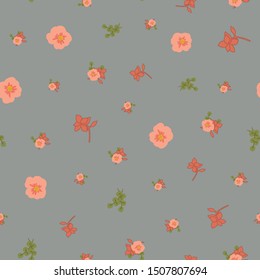 Seamless Pattern with Pink and Red Flowers on a Green/Grey Background 