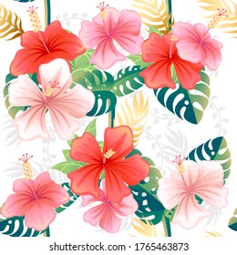 Patrón sin foco con flores rosadas y rojas y hojas tropicales verdes. Ilustración vectorial plana sobre fondo blanco