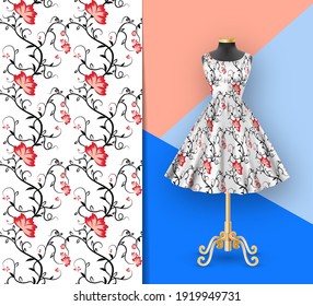 Seamless pattern of pink and red flowers on classic womens dress mockup and black mannequin. Hand-drawn ornate pattern with an example of application. Clothes realistic 3d mock up. Vector illustration