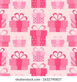 Seamless pattern with pink and red gift boxes  on a light background. Valentine's day vector background.	