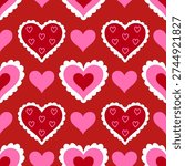 Seamless pattern with pink and red hearts with ruffles. Vector graphics.