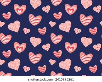 Seamless pattern with pink and red hearts of different shapes on a blue background. vector illustration for wrapping paper, textile, wallpaper