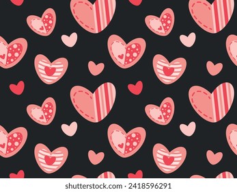 Seamless pattern with pink and red hearts of different shapes on a black background,romantic wedding design. vector illustration for wrapping paper, textile, wallpaper.