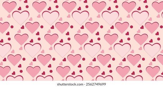 Seamless pattern of pink and red hearts with varying sizes, complemented by circular and smaller heart accents on a soft pink background, ideal for romantic or Valentine's designs