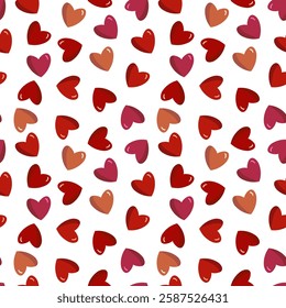 Seamless pattern with pink and red hearts on a white background, for lovers, Valentine's Day red confetti, flat lay, top view. Card, web design, textile