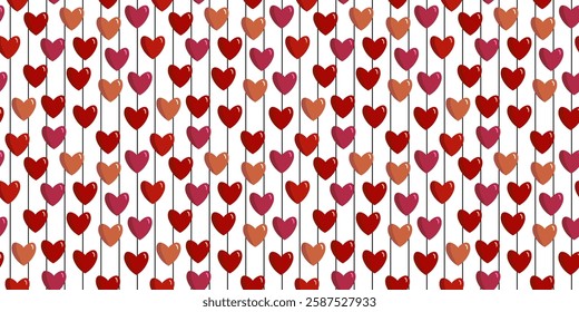 Seamless pattern with pink and red hearts on white background with black lines on the back, love background, Valentine's Day. Card, web design, textile