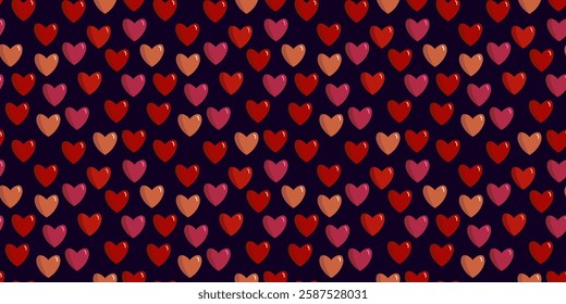 Seamless pattern with pink and red hearts on line, dark blue background, for lovers, Valentine's Day red confetti, flat lay, top view. Card, web design, textile, postcard