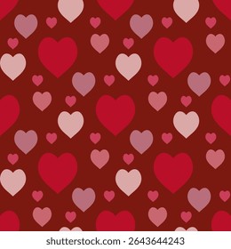 Seamless pattern with pink and red hearts on dark red background. Vector image.