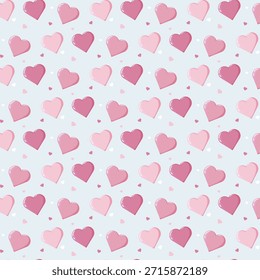 Seamless pattern of pink and red hearts with small accents on a soft pastel blue background. Playful romantic design for wrapping paper, textiles, stationery, party decor and Valentine themes
