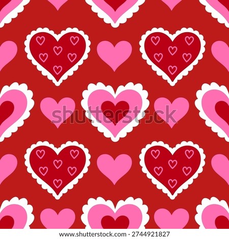 Seamless pattern with pink and red hearts with ruffles. Vector graphics.