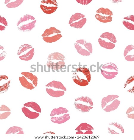 Seamless pattern of pink and red kiss marks. Lip prints for Valentine's Day, romantic and love backgrounds, beauty and makeup themes. Lipstick imprints, vector illustration
