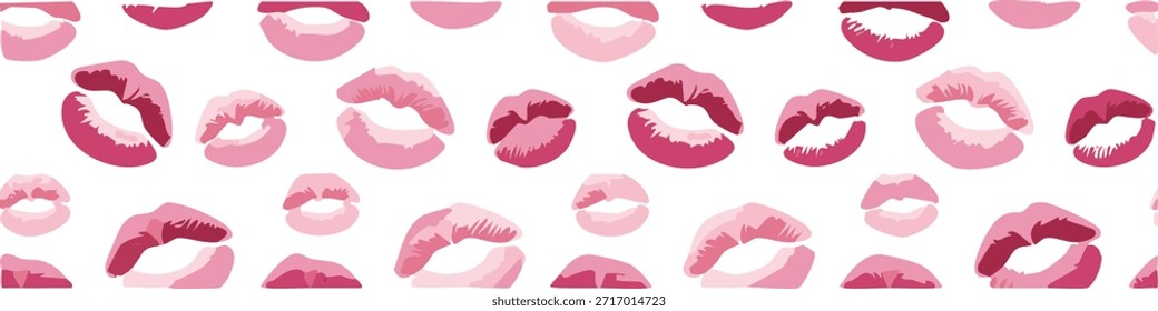 Seamless pattern with pink and red lipstick kiss marks on a transparent background. Romantic repeating design perfect for Valentine’s Day, wrapping paper, textiles, and beauty-themed projects