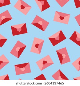 Seamless pattern with pink and red love letters with hearts