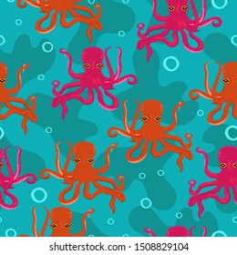 Seamless pattern with pink and red octopuses.