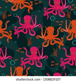 Seamless pattern with pink and red octopuses.