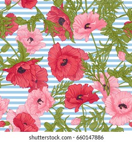 Seamless pattern with pink and red poppy flowers in botanical st