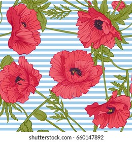 Seamless pattern with pink and red poppy flowers in botanical st