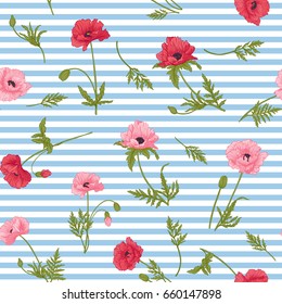 Seamless pattern with pink and red poppy flowers in botanical st