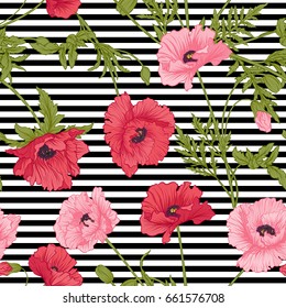 Seamless pattern with pink and red poppy flowers in botanical st