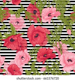 Seamless pattern with pink and red poppy flowers in botanical st