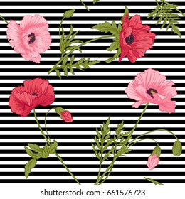 Seamless pattern with pink and red poppy flowers in botanical st