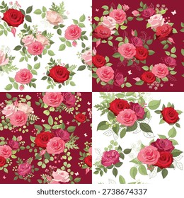 Seamless pattern with pink and red roses. A set of floral backgrounds. Endless texture for your designs, greeting cards, announcements