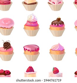 Seamless pattern with pink and red sweet food. Food elements in endless texture. Illustration can be used for restaurant and cafe menu and food design projects.