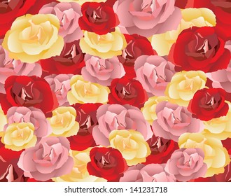Seamless pattern with pink, red and yellow roses. Vector illustration.