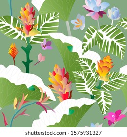  Seamless pattern. Pink, red, yellow, blue exotic aquatic and tropical flowers with large green leaves on a green background. Vector illustration. Picture saturation color. EPS10