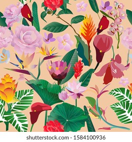  Seamless pattern. Pink, red, yellow, blue exotic aquatic and tropical flowers with large green leaves on a blue background. Vector illustration. Picture saturation color with lily and calla 
