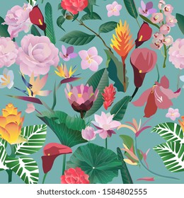  Seamless pattern. Pink, red, yellow, blue exotic aquatic and tropical flowers with large green leaves on a blue background. Vector illustration. Picture saturation color with lily and calla 